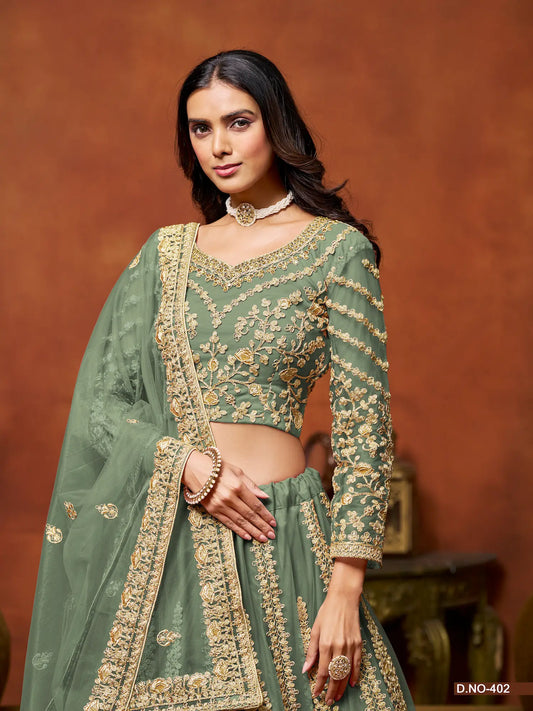 Lehenga choli en filet vert pistache avec broderie en fils et sequins
