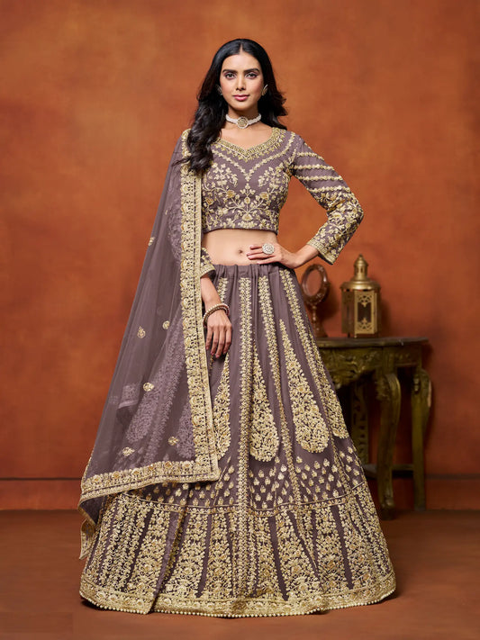 Lehenga Choli en filet gris avec broderie en fils et sequins
