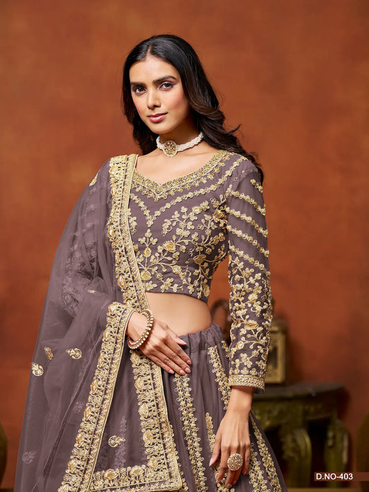 Lehenga Choli en filet gris avec broderie en fils et sequins