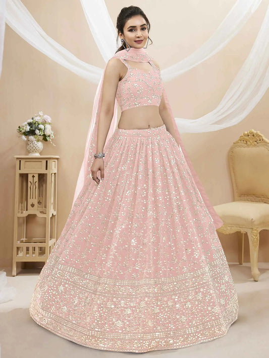 Ensemble Lehenga Choli Rose Clair en Georgette avec Broderies Sequins et Zari