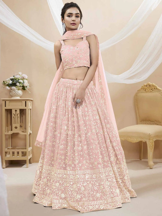 Ensemble Lehenga Choli Rose Clair en Georgette avec Broderies Sequins et Zari