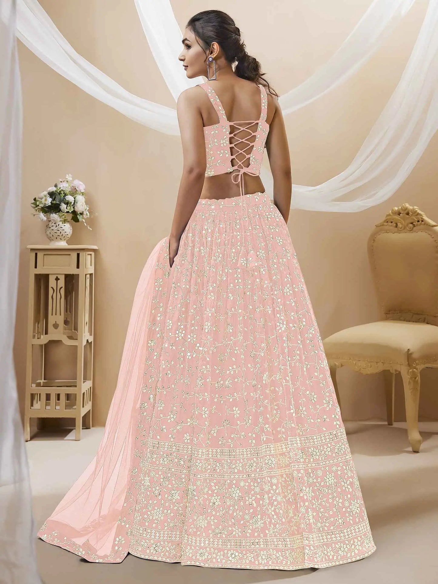 Light Pink Georgette Lehenga Choli Set with Sequins and Zari Embroidery