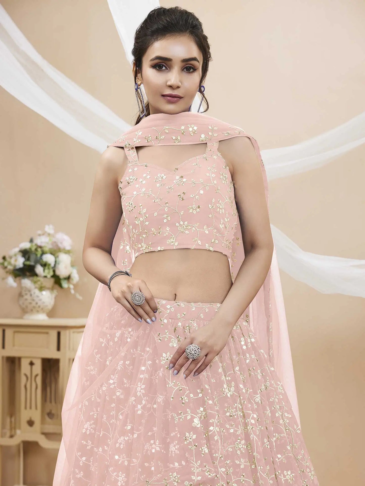 Light Pink Georgette Lehenga Choli Set with Sequins and Zari Embroidery