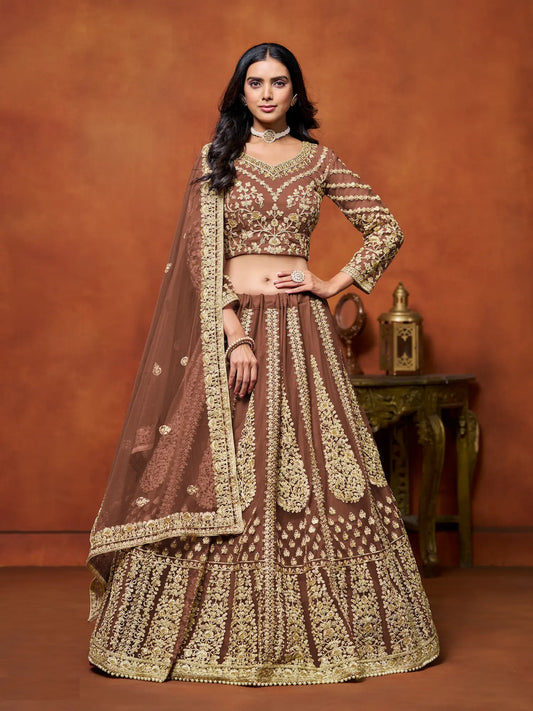 Lehenga Choli marron en filet avec broderie en fils et sequins
