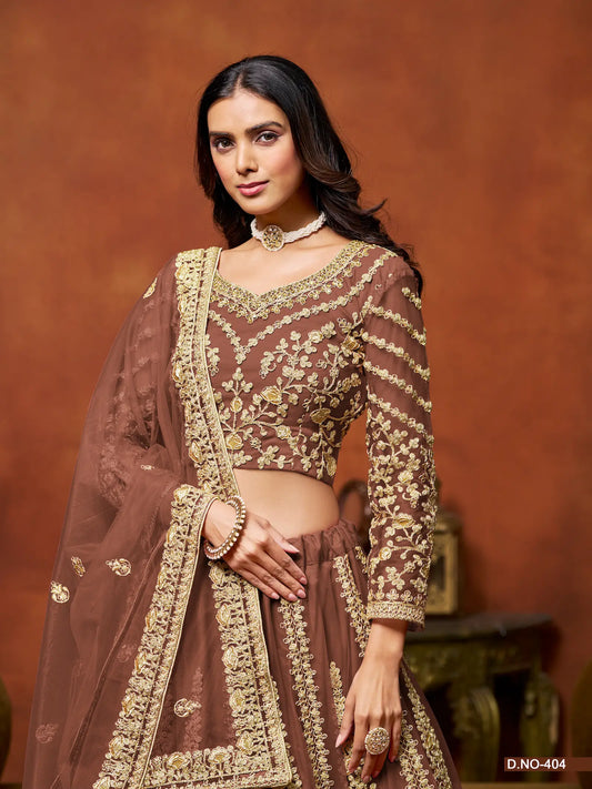 Lehenga Choli marron en filet avec broderie en fils et sequins