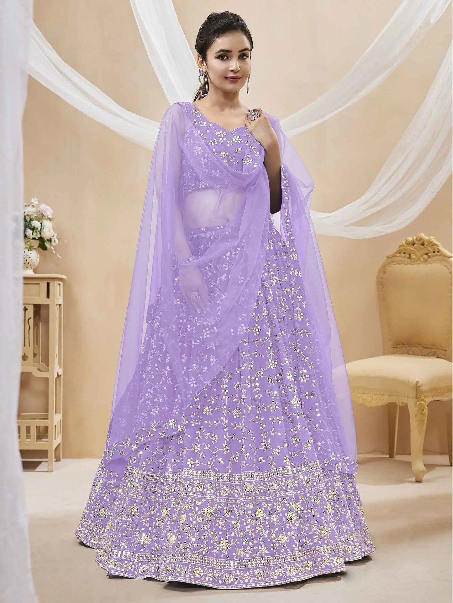 Lavender georgette lehenga with sequin and zari thread embroidery