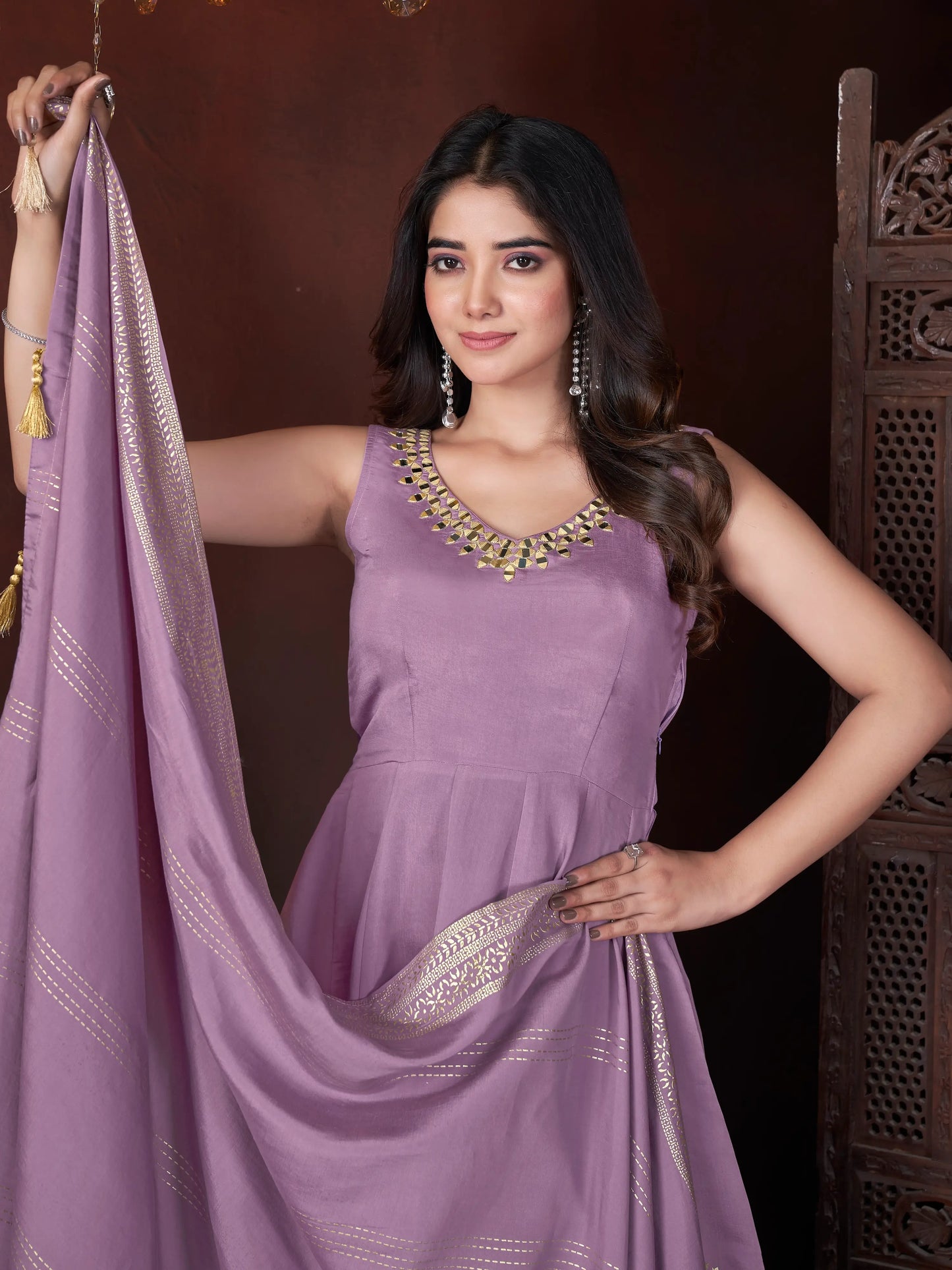 Pale purple silk salwar suit with mirror work and foil print
