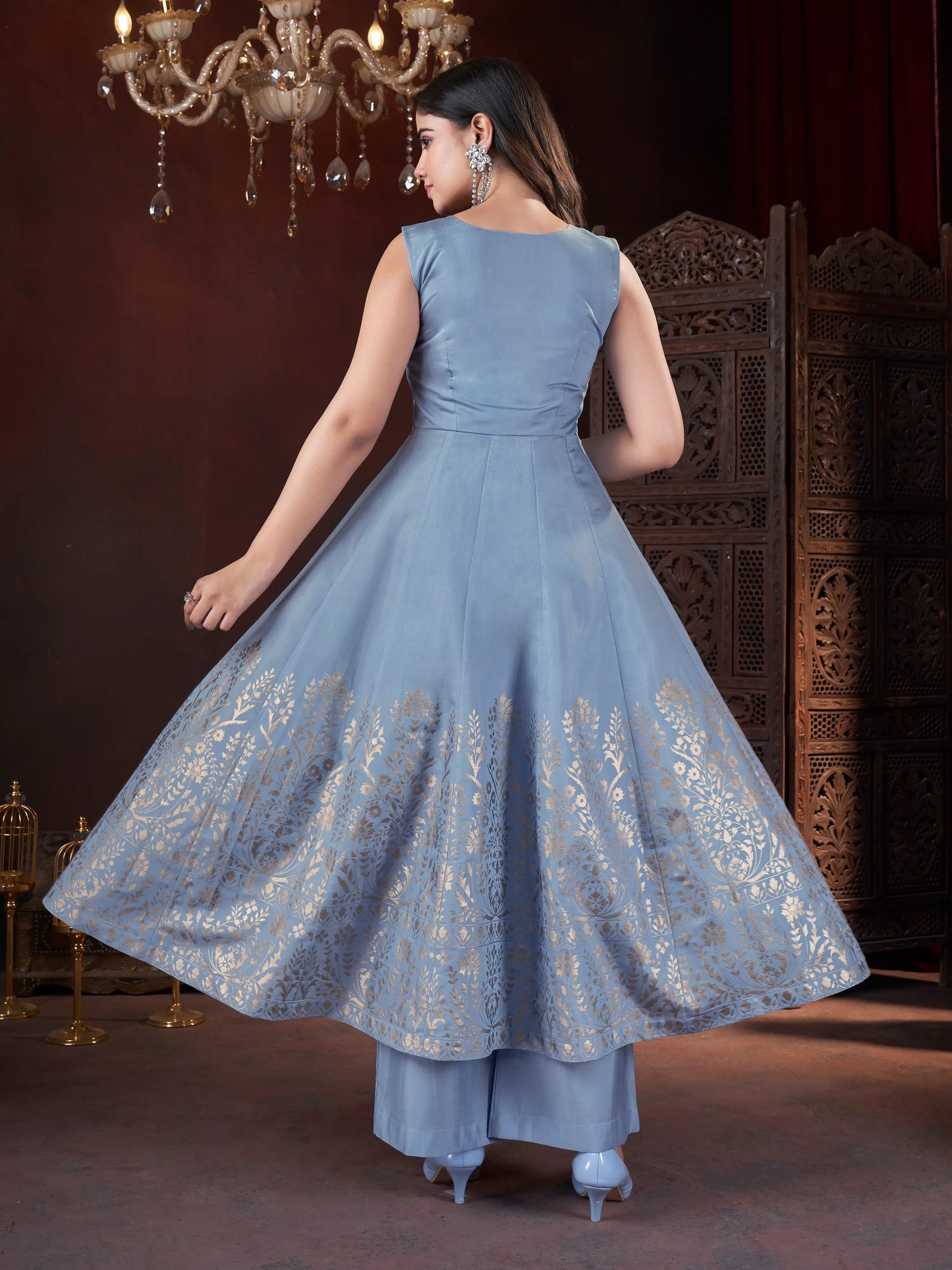 Sky Blue Salwar Suit with Mirror Embroidery and Foil Print