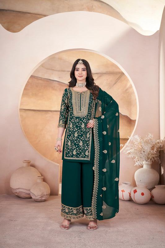 Salwar Suit en Georgette Vert Foncé avec Broderie et Sequins