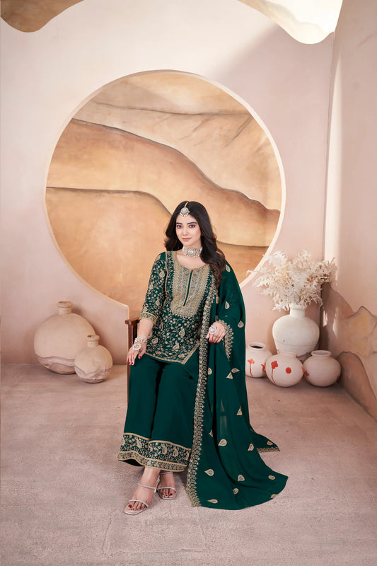 Salwar Suit en Georgette Vert Foncé avec Broderie et Sequins