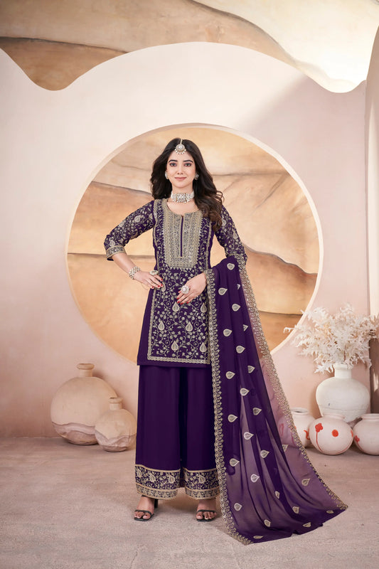 Salwar Suit en Georgette violet avec Broderie et Sequins