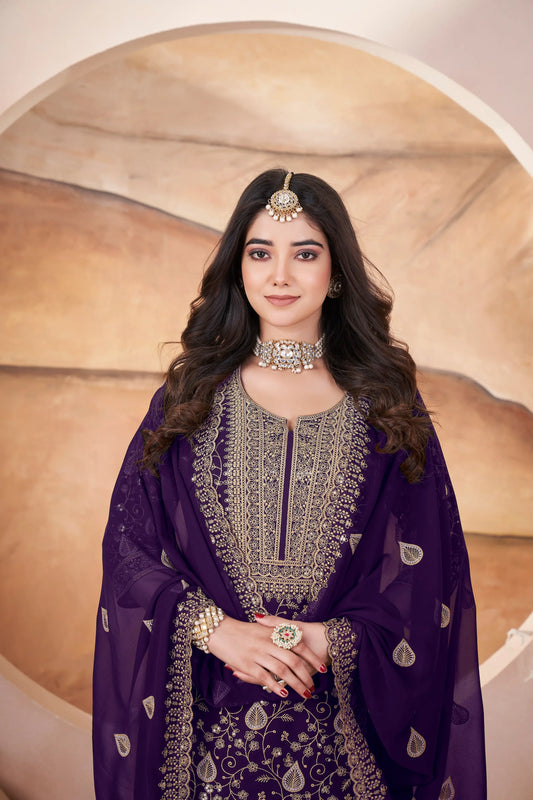 Salwar Suit en Georgette violet avec Broderie et Sequins