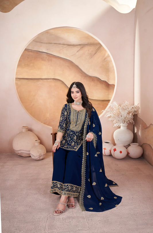 Salwar Suit en georgette bleu marine brodé de sequins