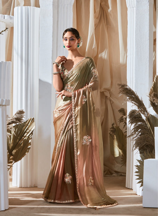 Sari moderne vert olive et rose pâle ombré tissu fantaisie et dentelle COLLECTION KANIKA