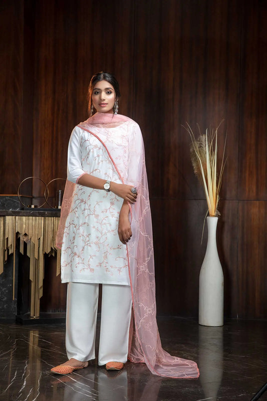 Salwar Suit en Georgette Blanc et Rose avec Broderie au Fil