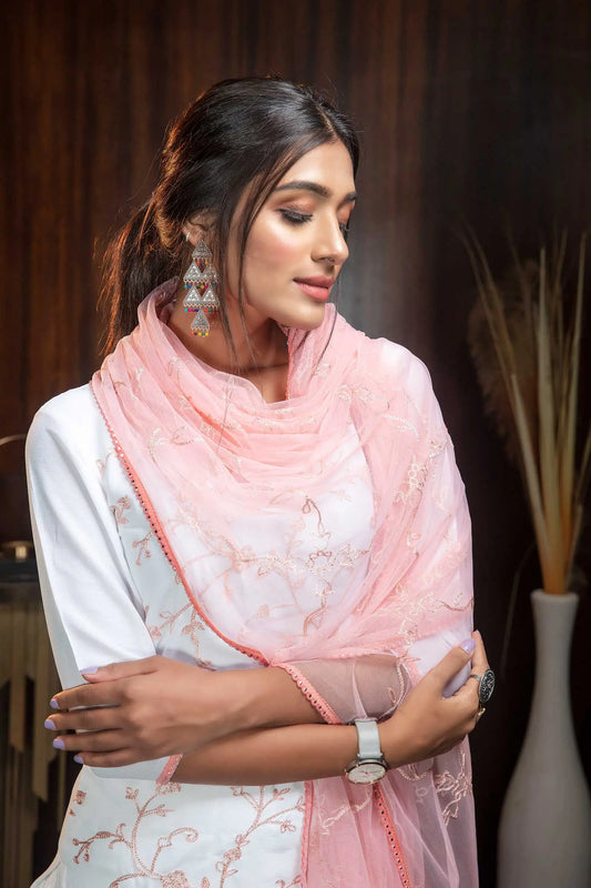 Salwar Suit en Georgette Blanc et Rose avec Broderie au Fil