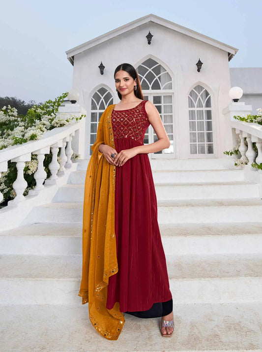 Salwar Suit en Georgette Rouge avec Broderie au Fil et Sequins, accompagné d'un Palazzo