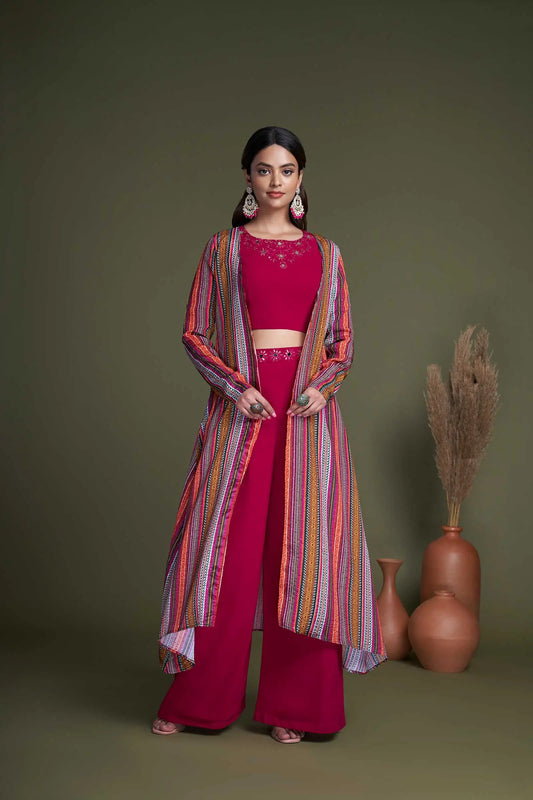 Ensemble Co-ord en Georgette Rose Fuchsia avec Broderie