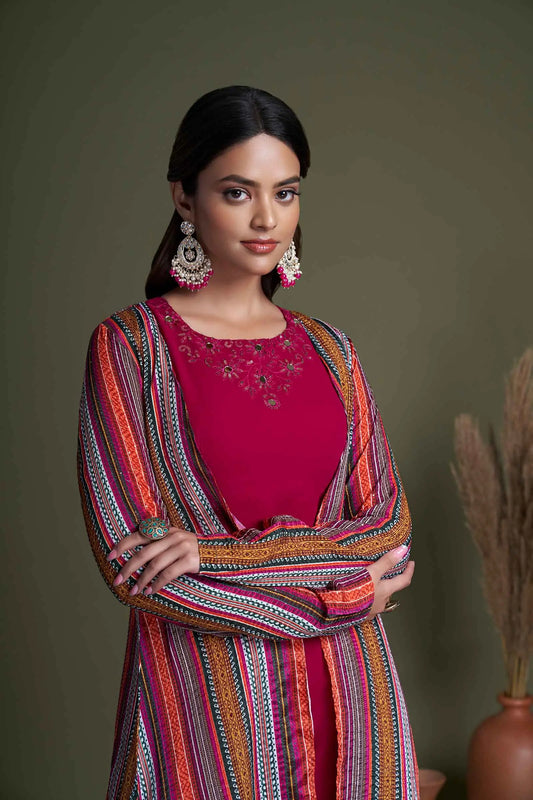 Ensemble Co-ord en Georgette Rose Fuchsia avec Broderie