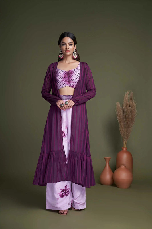 Ensemble Co-ord en Georgette Violet avec Broderies