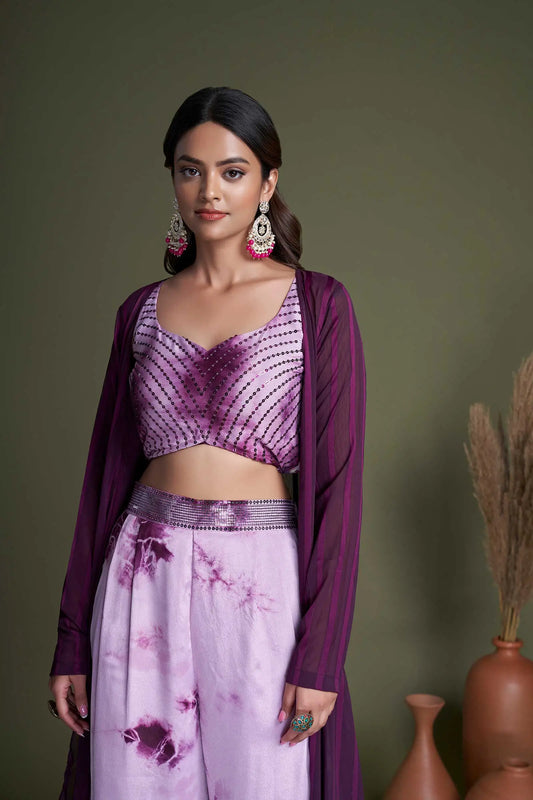 Ensemble Co-ord en Georgette Violet avec Broderies
