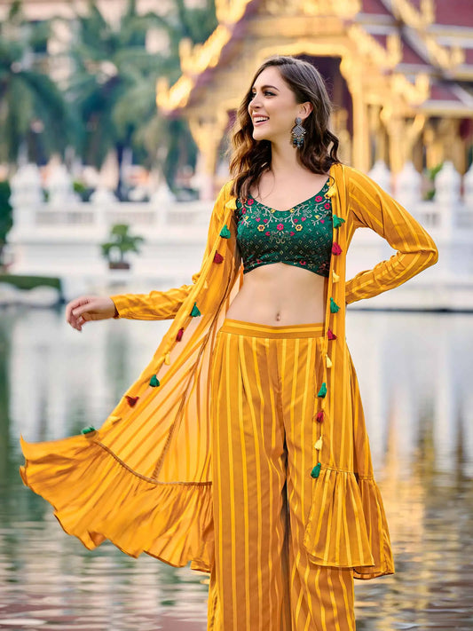 Ensemble Co-ord en Georgette Vert Jaune avec Broderie