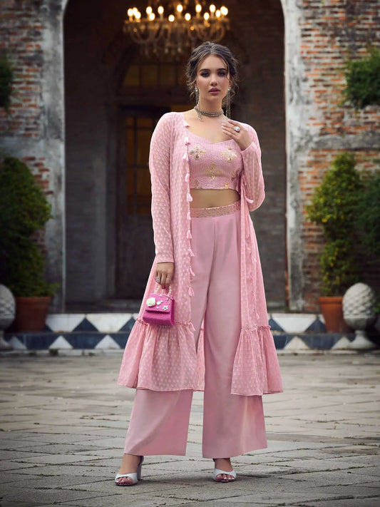 Ensemble Co-ord en Georgette Rose Pâle avec Broderie