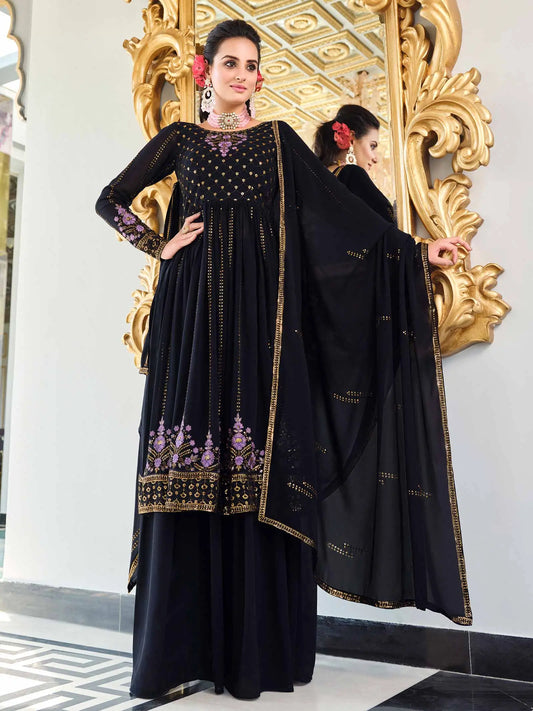 Ensemble Salwar Palazzo en Georgette Bleu Nuit avec Broderie en Fil et Sequins