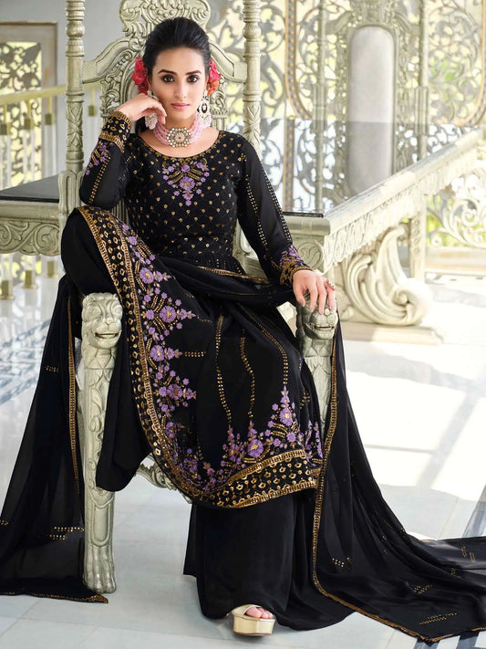 Ensemble Salwar Palazzo en Georgette Bleu Nuit avec Broderie en Fil et Sequins