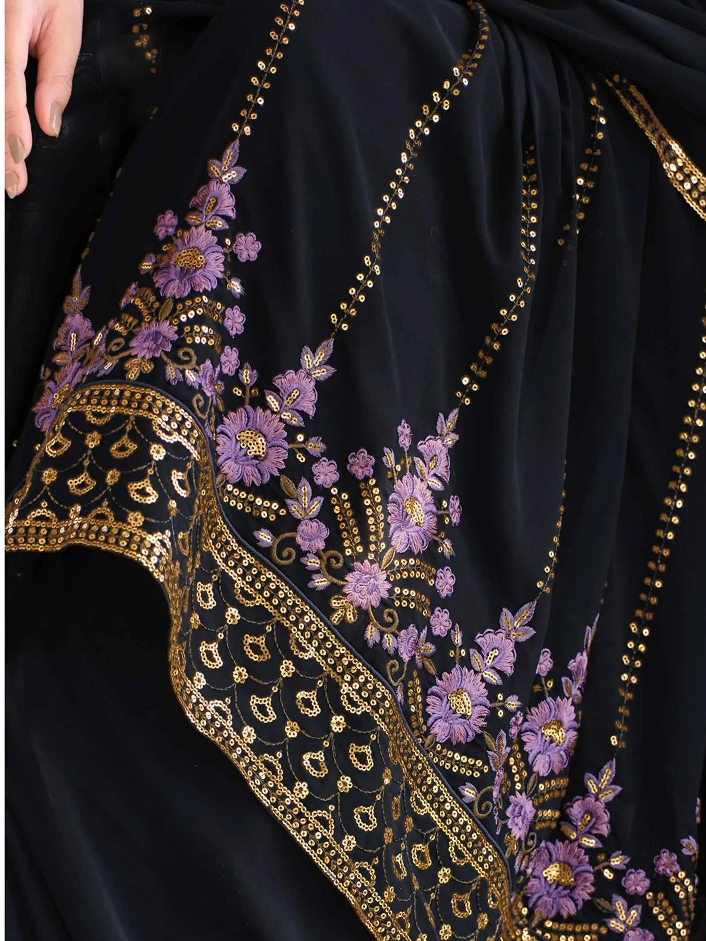 Ensemble Salwar Palazzo en Georgette Bleu Nuit avec Broderie en Fil et Sequins
