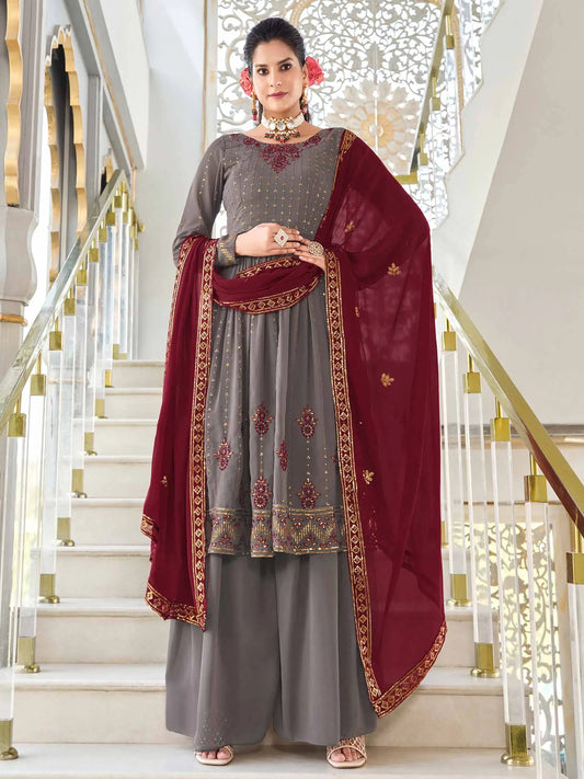 Ensemble Salwar Palazzo en Georgette Gris avec Broderie en Fil et Sequins