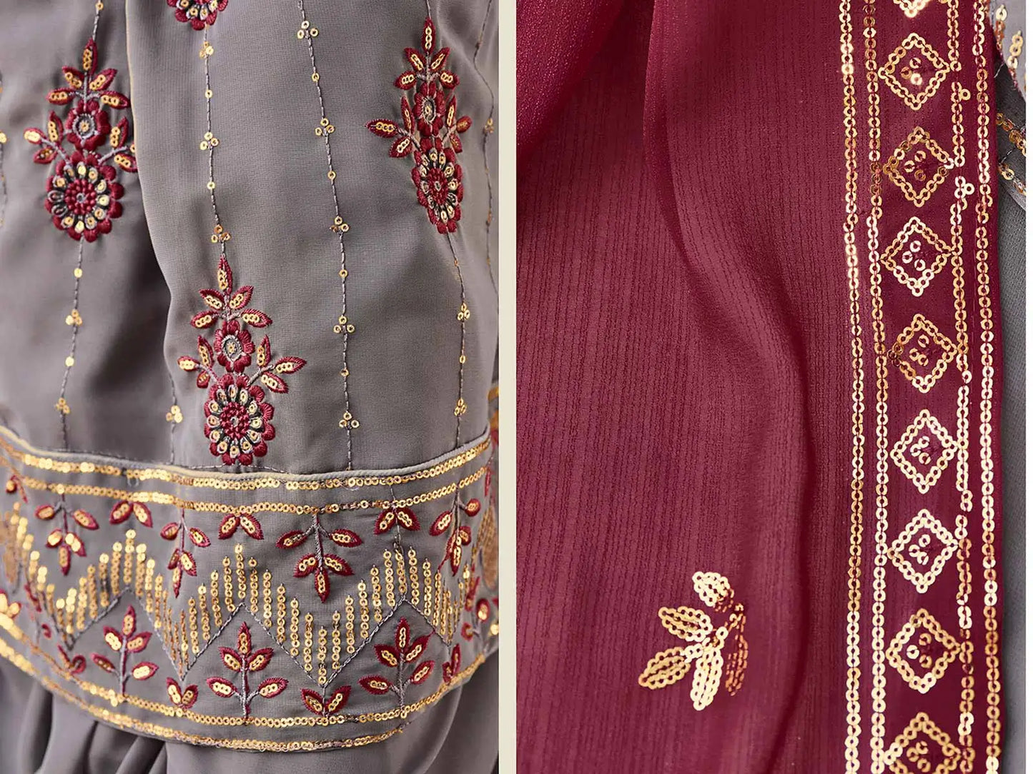 Ensemble Salwar Palazzo en Georgette Gris avec Broderie en Fil et Sequins
