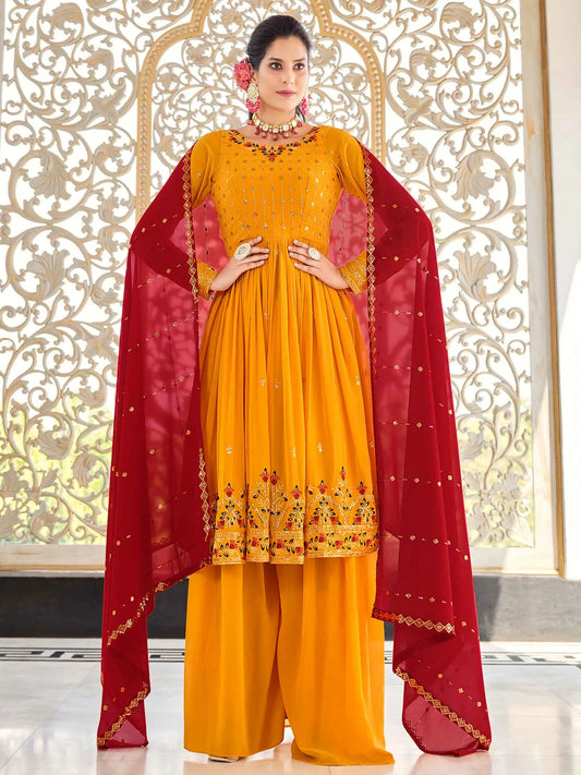 Ensemble Salwar Palazzo en Georgette Jaune Moutarde avec Broderie en Fil et Sequins