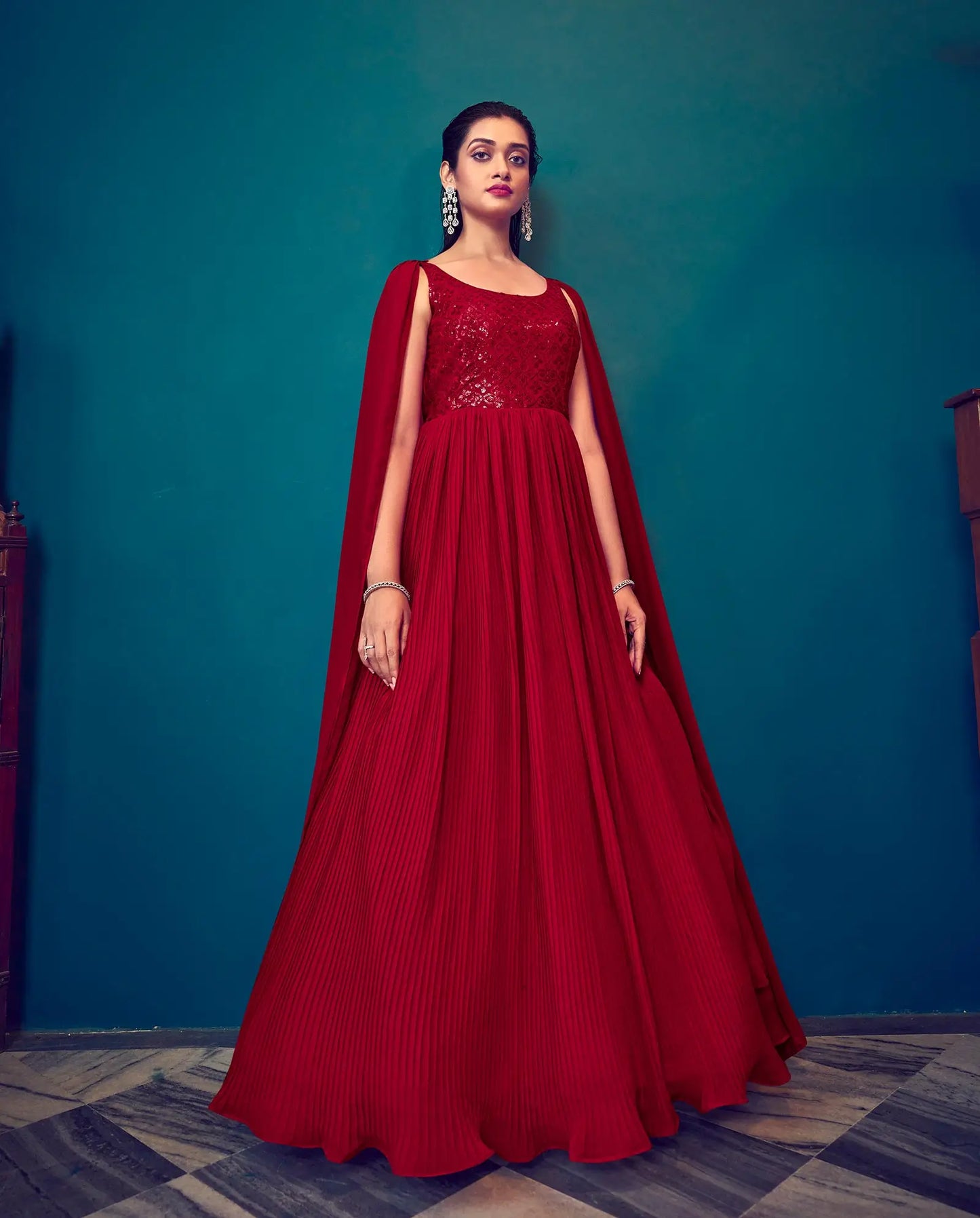 Bright red georgette designer dress with sequins