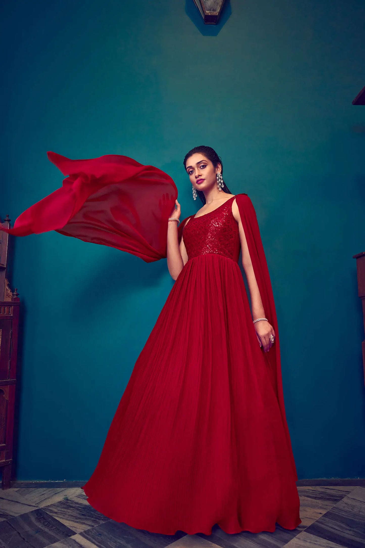 Bright red georgette designer dress with sequins
