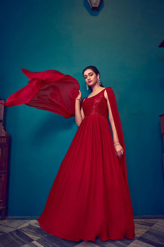 Robe style Designer rouge vif en georgette, ornée de sequins