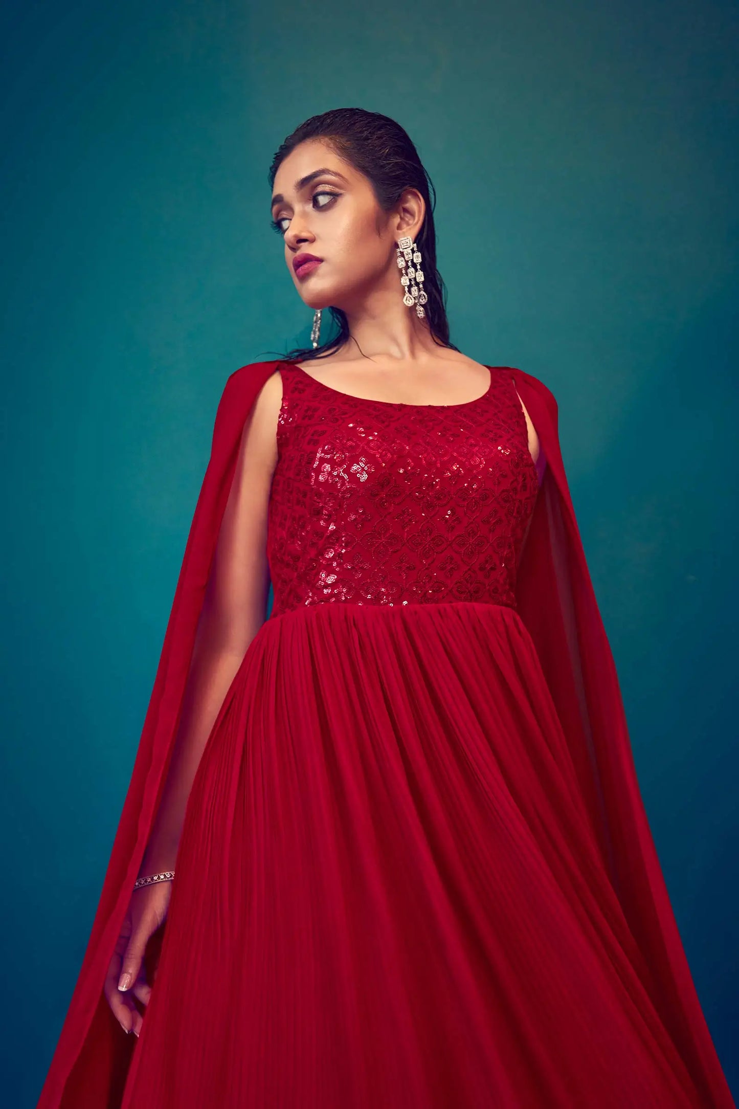Bright red georgette designer dress with sequins