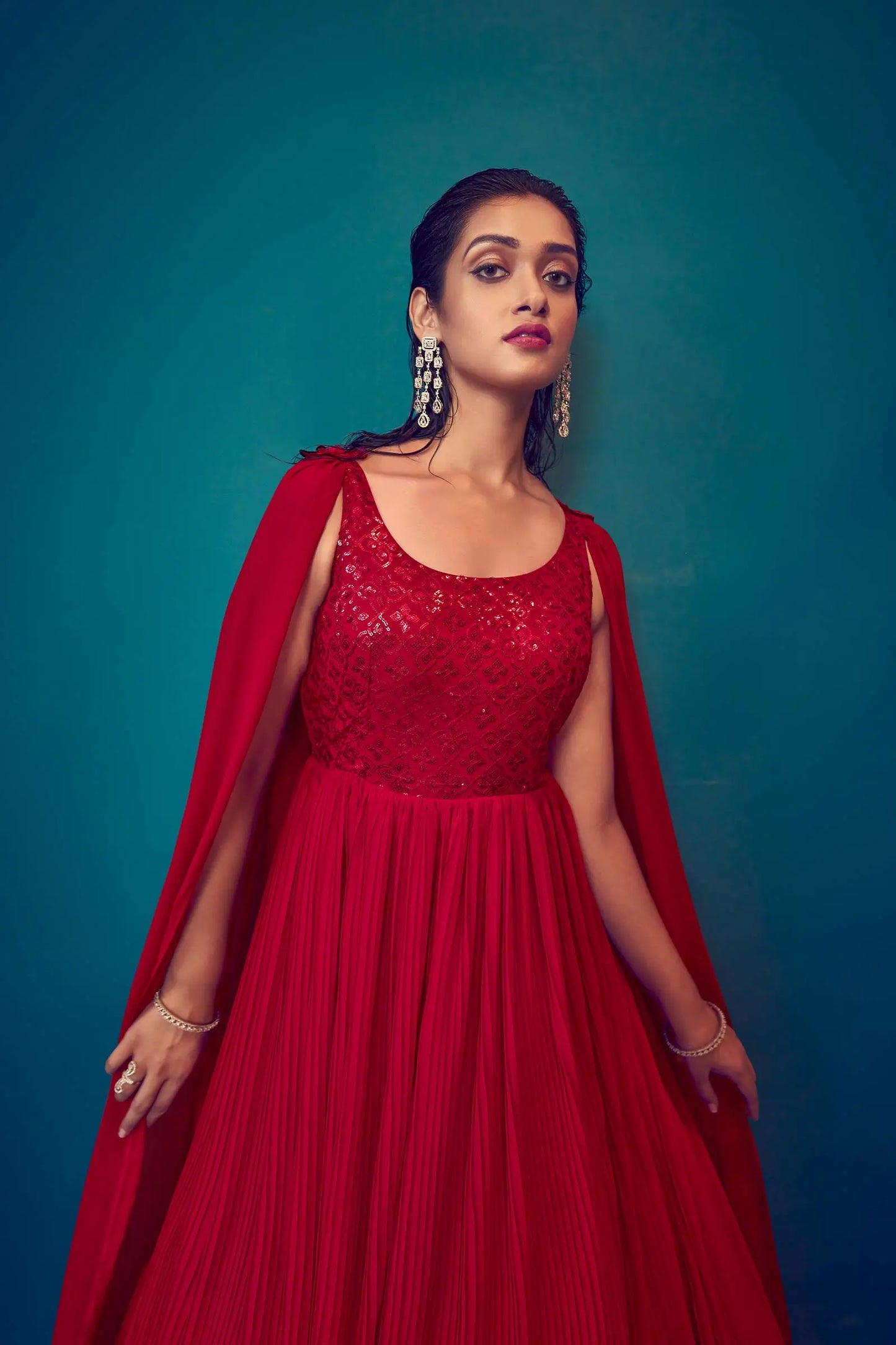 Bright red georgette designer dress with sequins