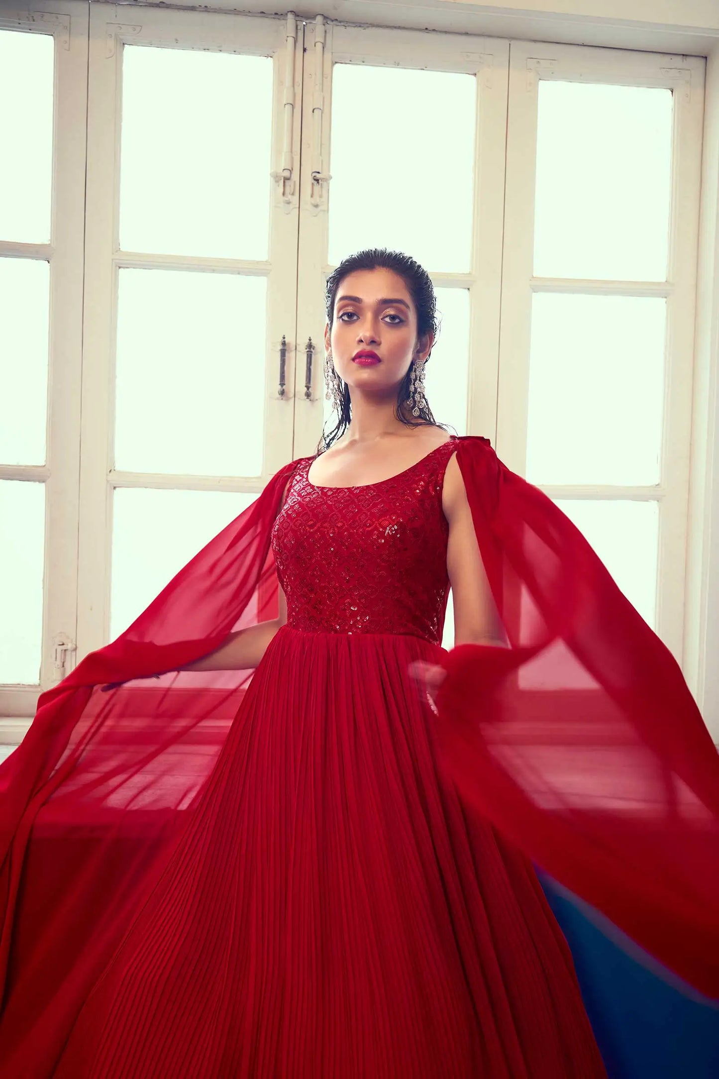 Bright red georgette designer dress with sequins
