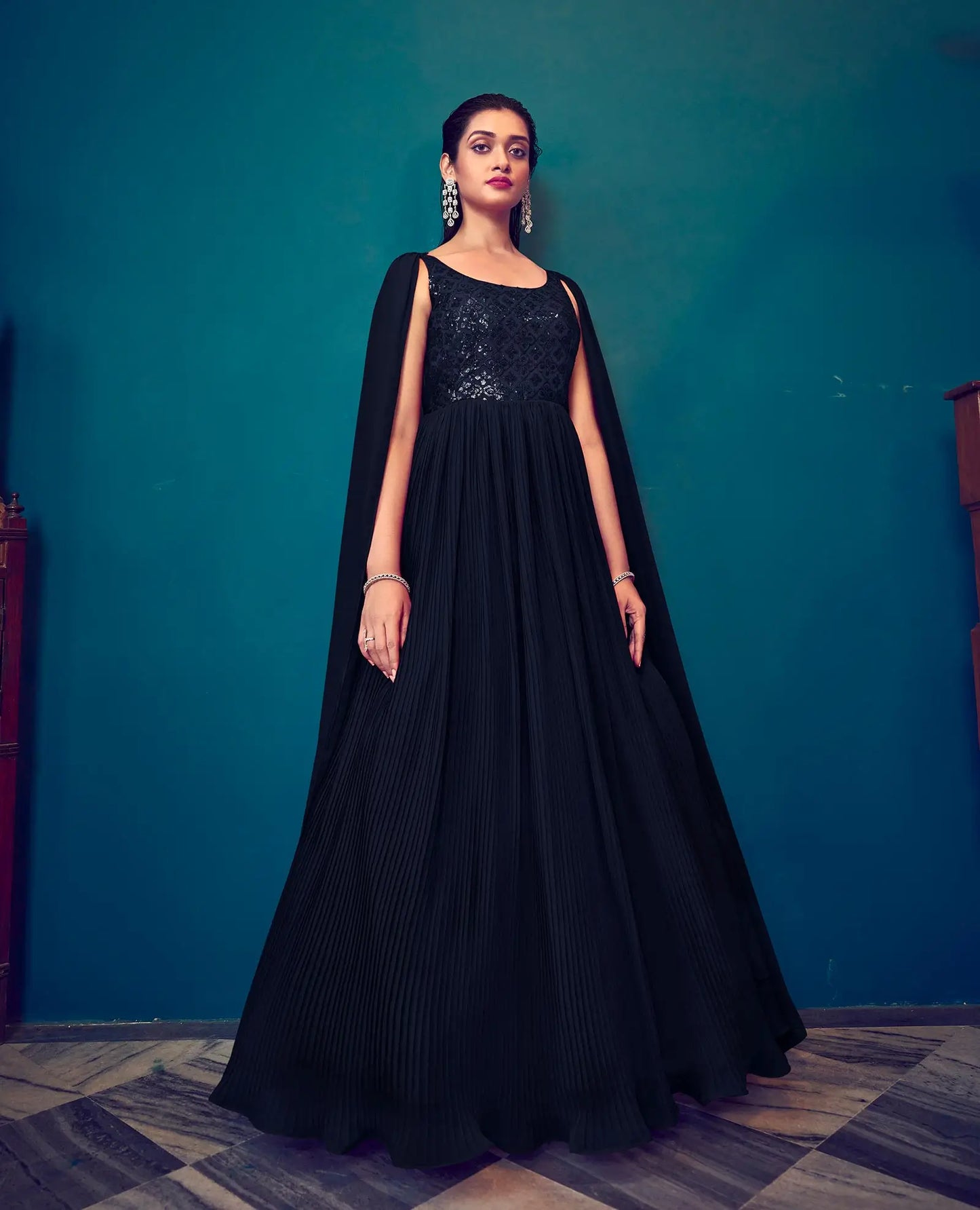 Navy blue georgette designer dress with sequins