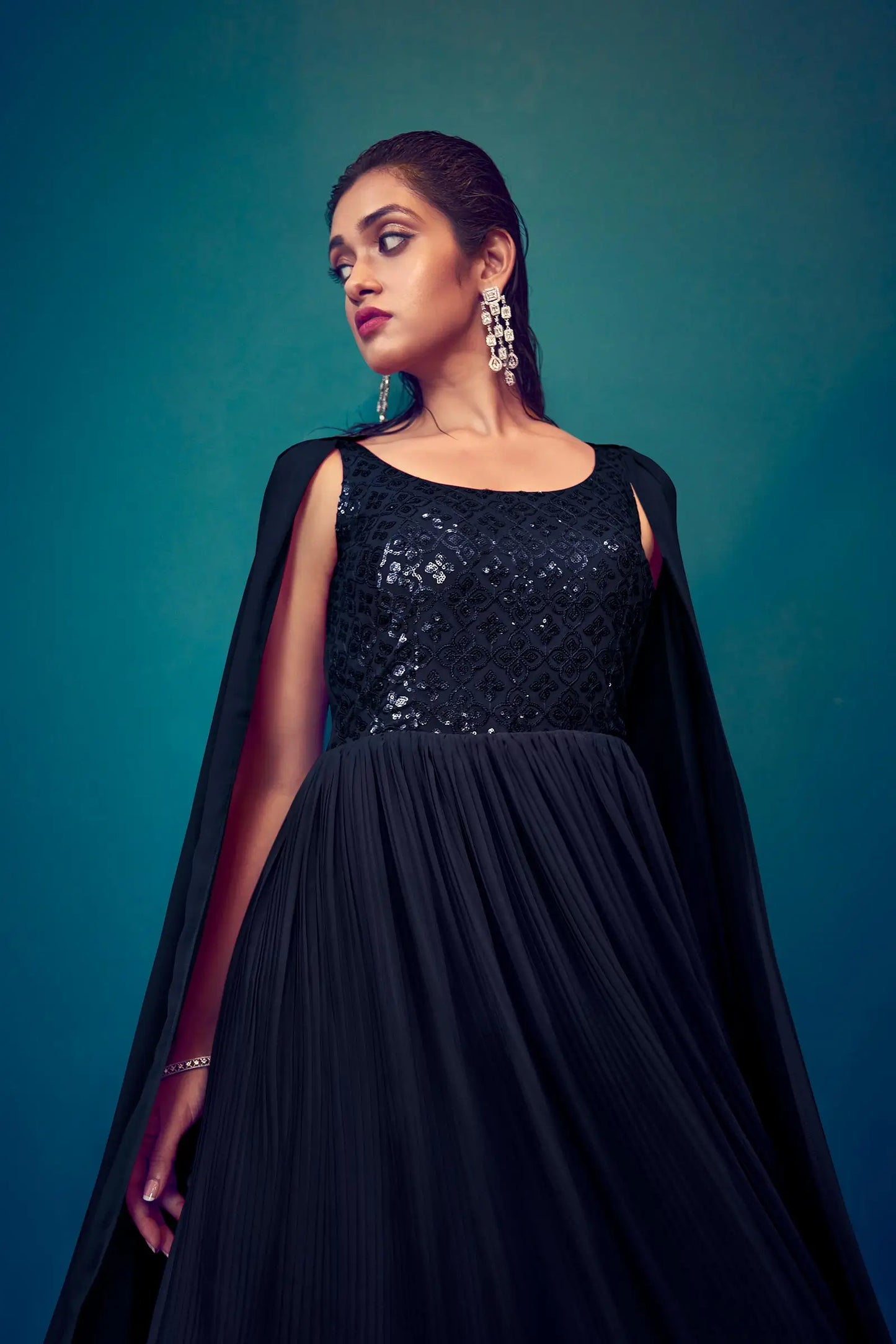 Navy blue georgette designer dress with sequins