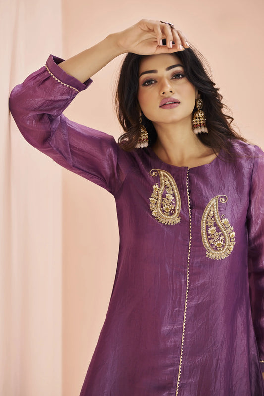 Ensemble Salwar en Organza Violet avec Broderie à la Main