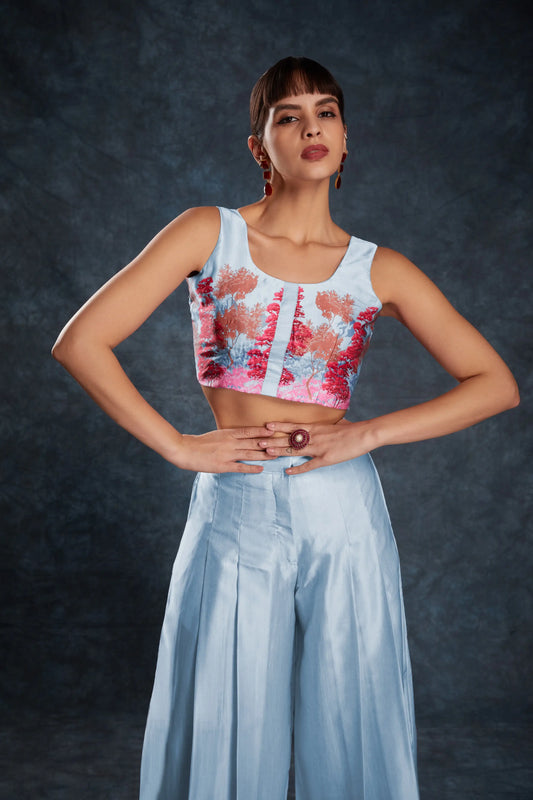 Ensemble coordonné en satin imprimé bleu ciel