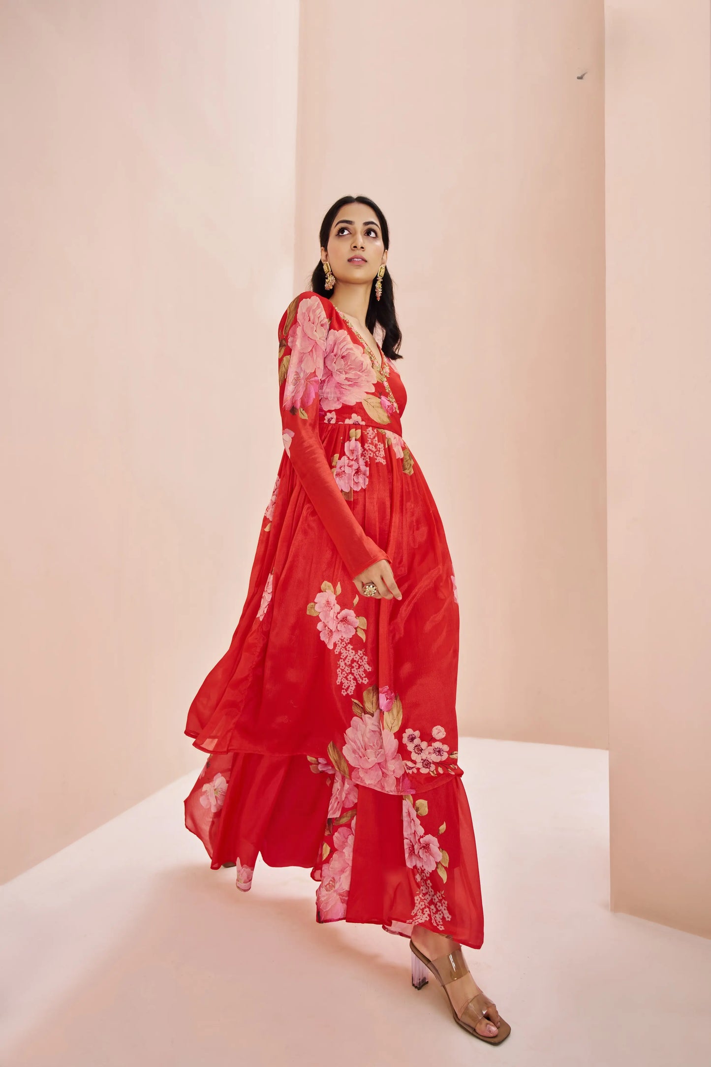 Ensemble Palazzo Rouge en Chinon Imprimé avec Broderie Artisanale