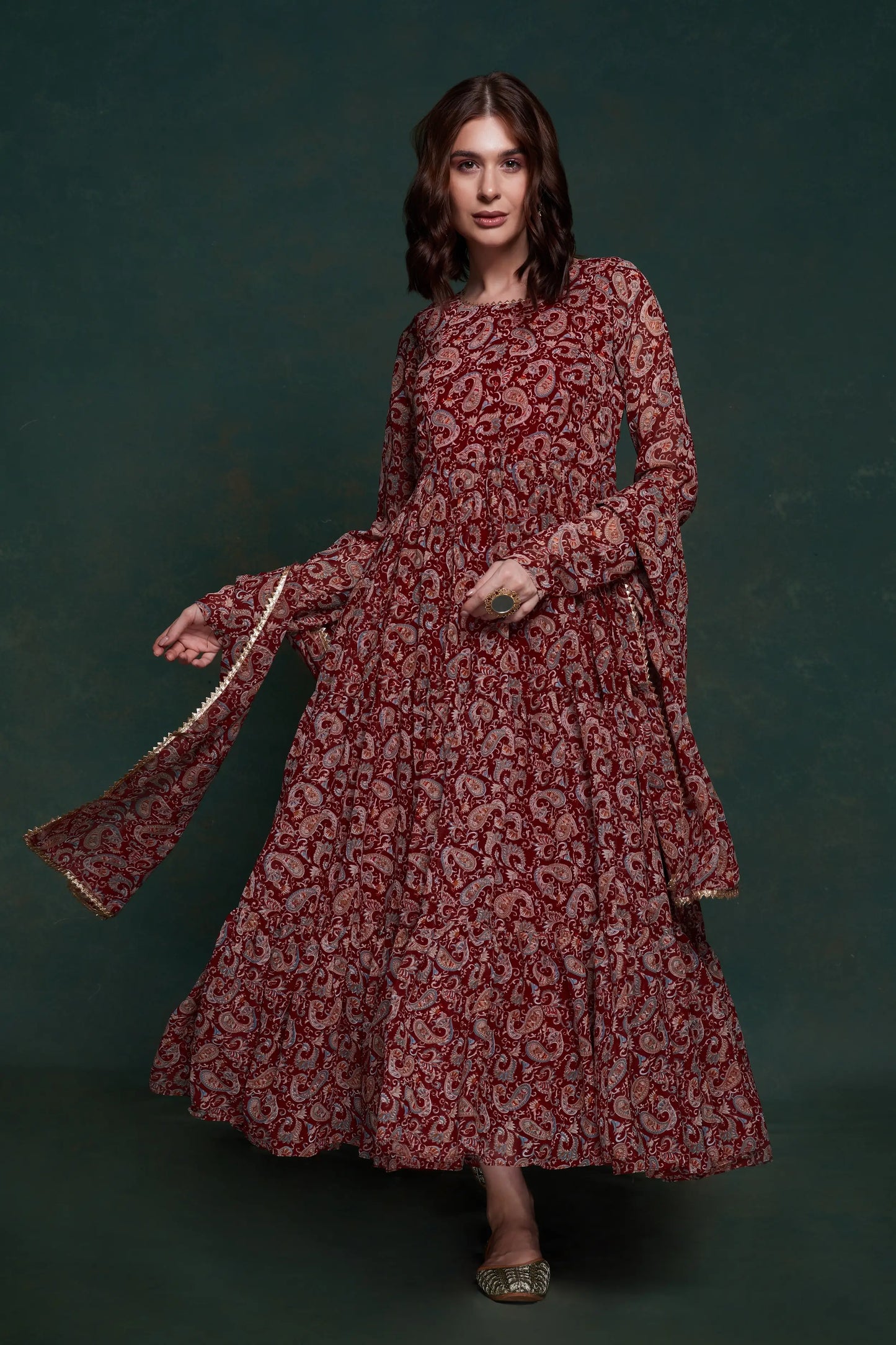 Burgundy printed dress with modern dupatta