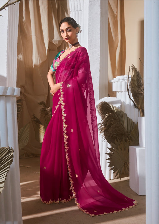 Sari moderne rose fuchsia et bleu lagon tissu fantaisie et dentelle COLLECTION KANIKA