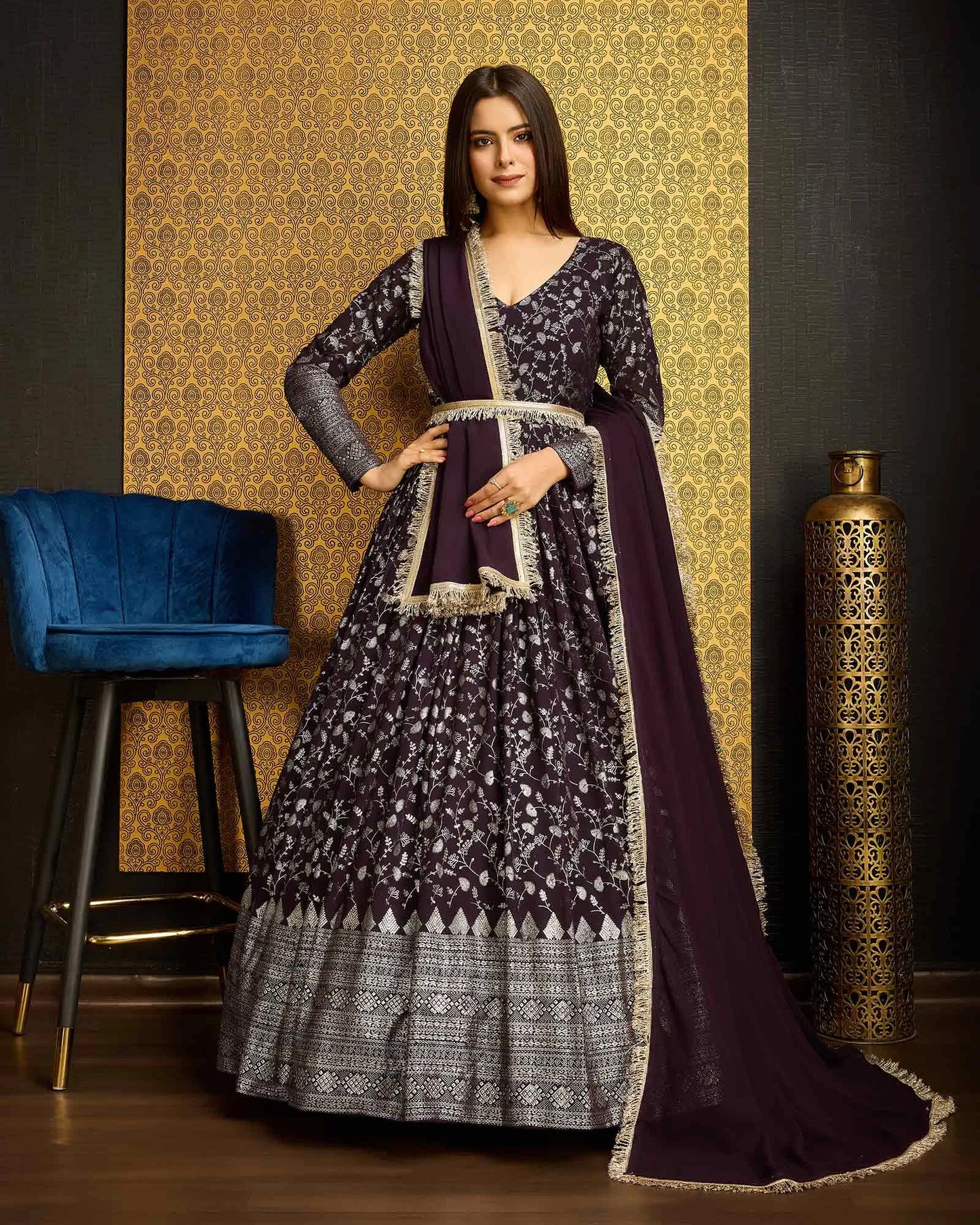 Purple georgette dress with metallic foil work, accompanied by a dupatta