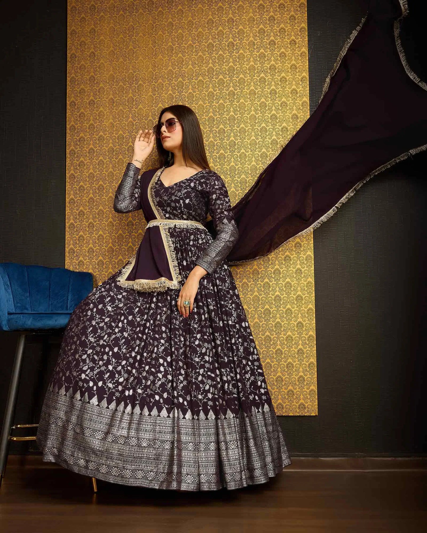 Purple georgette dress with metallic foil work, accompanied by a dupatta