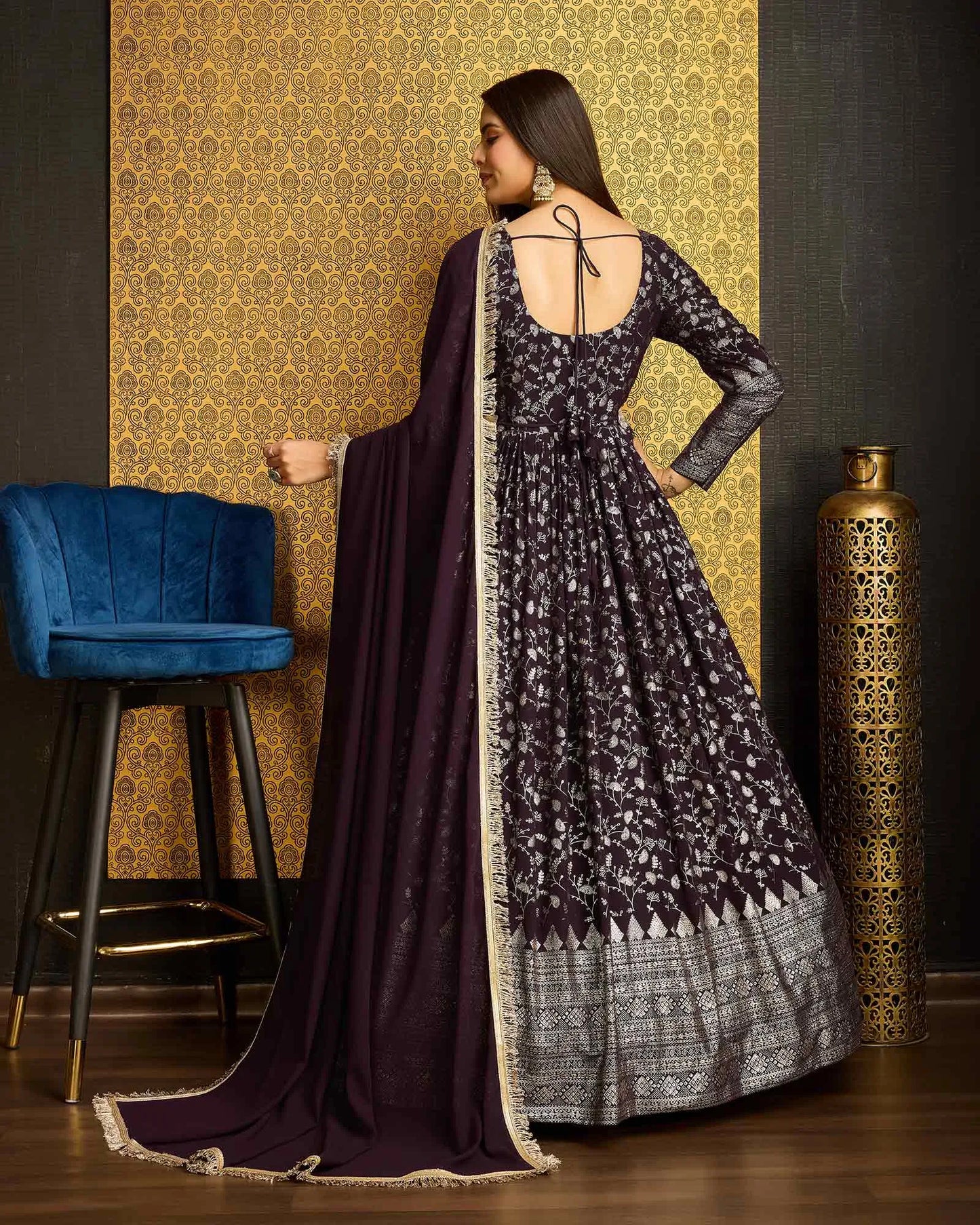 Purple georgette dress with metallic foil work, accompanied by a dupatta