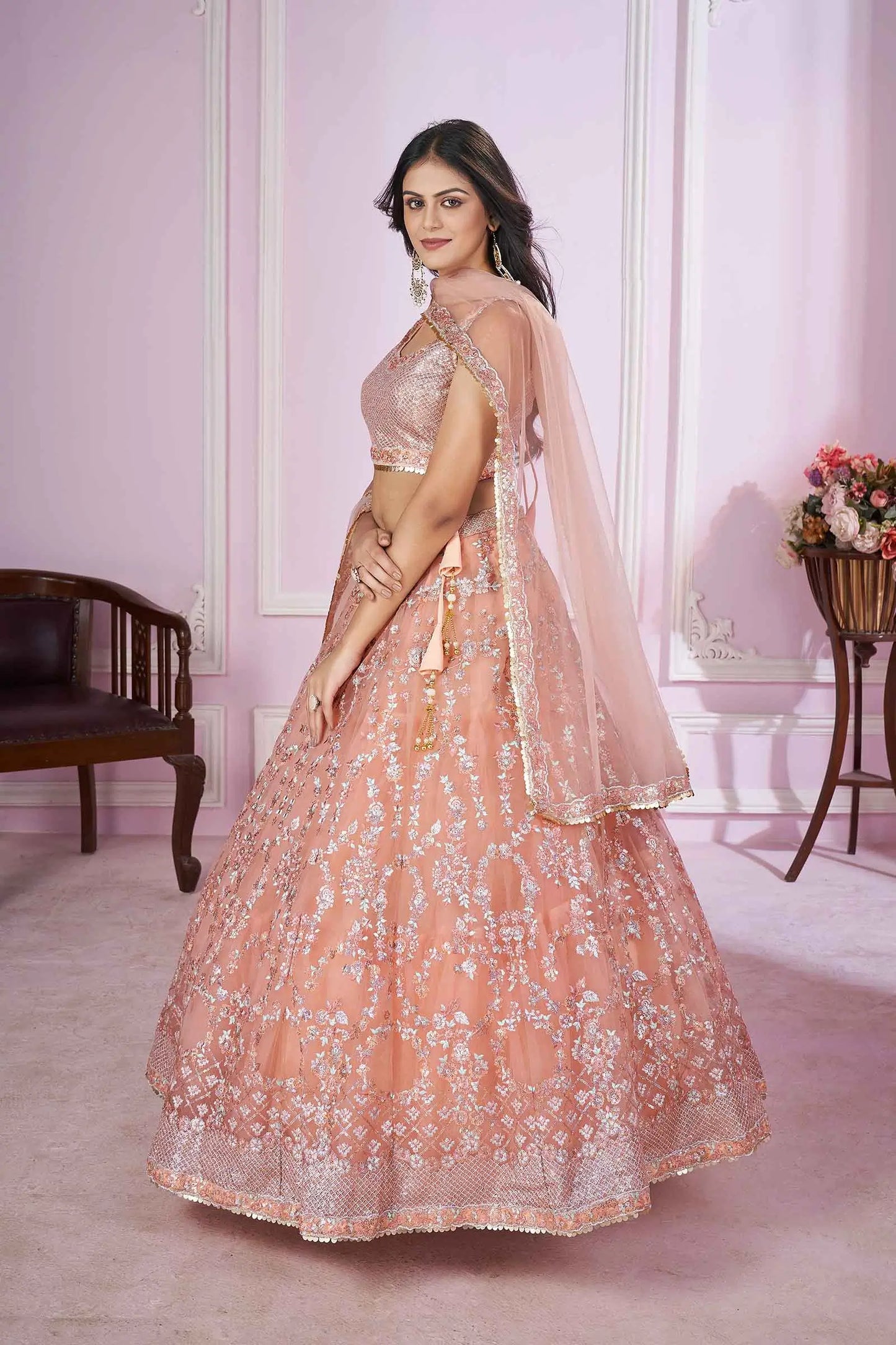 Peach pink soft net lehenga with sequin, thread, badla and zari embroidery PRISHA COLLECTION